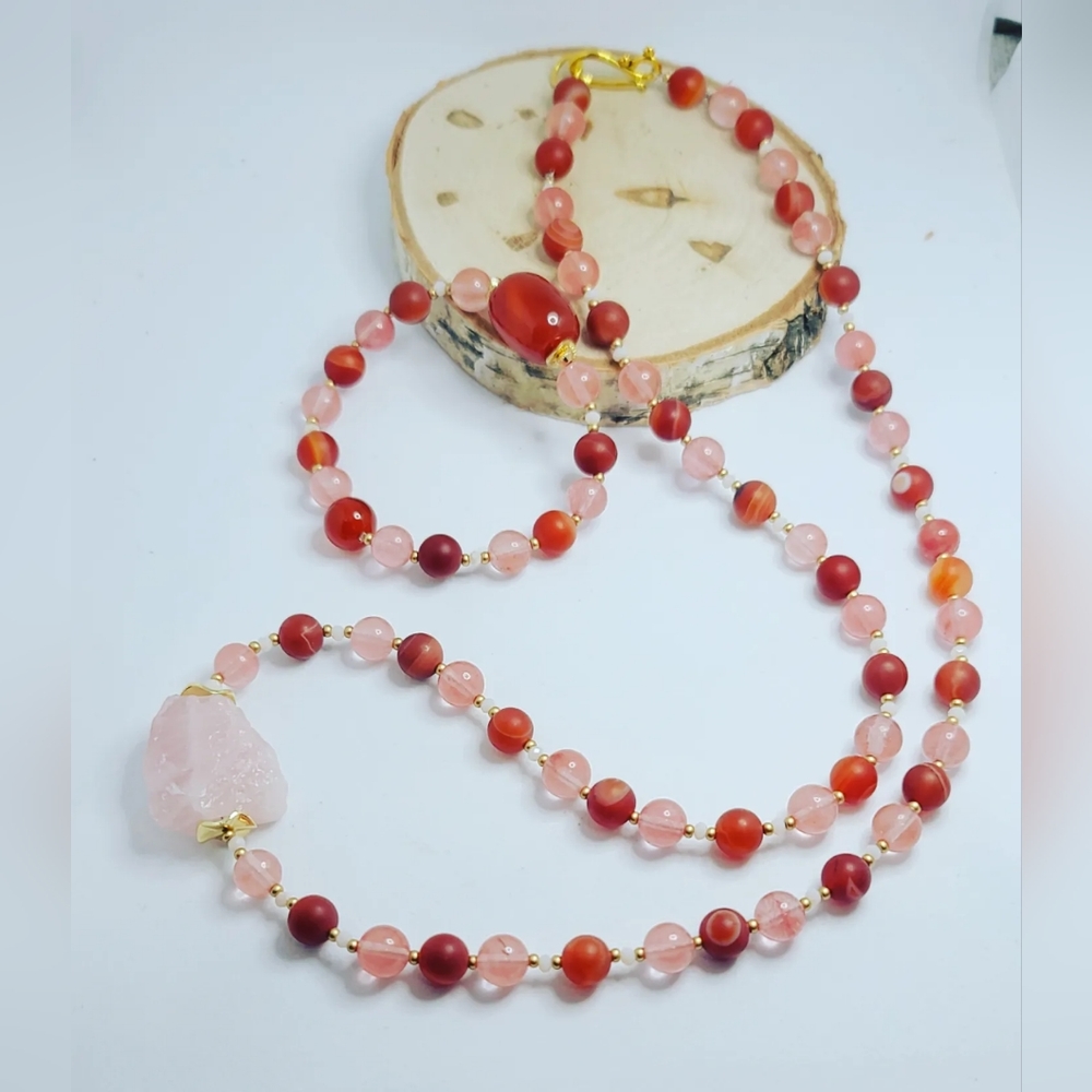 Strawberry Quartz, Matte Red Agate necklace and bracelet set